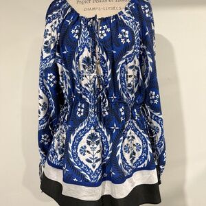 Beautiful Unique Bright Blue, White and Black Patterned Blouse